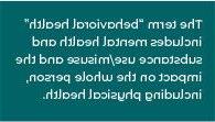 Texto inverso en un cuadro verde azulado oscuro que dice El término "salud conductual" incluye la salud mental y el uso/mal uso de sustancias y el impacto en toda la persona, incluida la salud física.